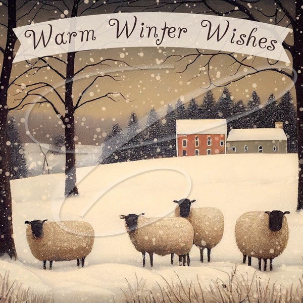 Primitive Vintage Folk Art Christmas  Label jpg Digital Jar, Tiered tray, sign, prints, Pillows, Sheep Lamb Ewe Winter Snow Tree 2 VERSIONS!