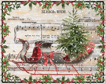 Primitieve vintage Victoriaanse muziek kerstlabel digitale jpeg-potten, gelaagde dienbladen, borden, prenten, kussens, sleetocht boom sneeuwhulst