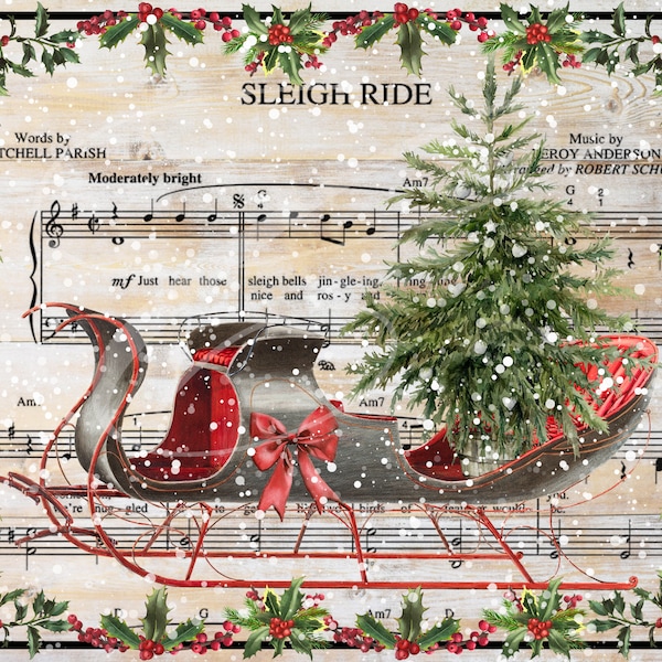 Primitive Vintage Victorian Music Christmas Logo Label Digital jpeg Jars, Tiered trays, signs, prints, Pillows, Sleigh Ride Tree Snow Holly