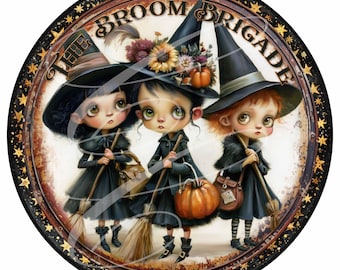 Primitive Retro Halloween Pumpkin Cute Witches Trio Broom Brigade PNG, Vintage Style Digital Label (12" Round)