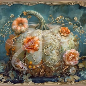 May include: A white pumpkin with gold and green embellishments, surrounded by orange and pink flowers. The pumpkin is decorated with intricate details and has a vintage, ornate style.