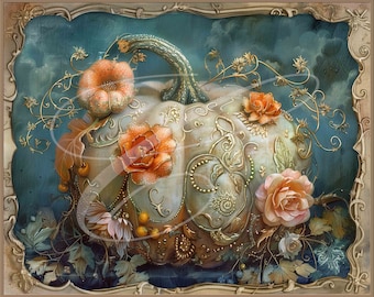May include: A white pumpkin with gold and green embellishments, surrounded by orange and pink flowers. The pumpkin is decorated with intricate details and has a vintage, ornate style.
