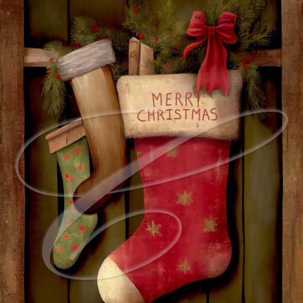 Primitive Vintage Victorian Christmas Label jpeg Digital Jars, Tiered trays, sign, prints, Pillows, Stockings Folk Art Whimsical Painting