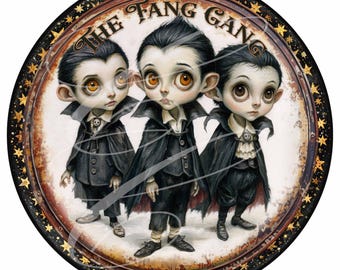 Vintage Halloween Vampire Trio PNG, Retro "The Fang Gang" Art (Digital Download) 12" Round
