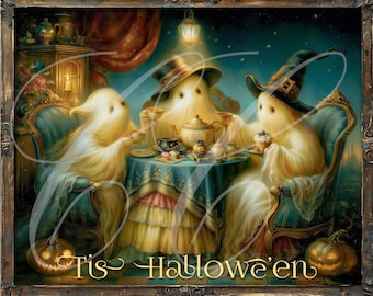 Vintage Halloween Ghosts Tea Party Print | Whimsical Spooky Scene (Digital Download) 8"x10" TWO Versions!