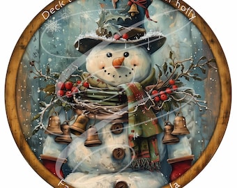 Vintage Primitive Christmas Snowman With Bells Digital Print,  Deck the Halls TWO Versions! (12" Round PNG)
