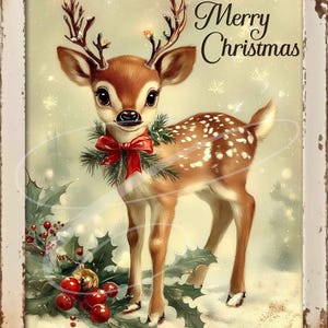 Étiquette de Noël victorienne vintage primitive jpg bocaux numériques, plateaux à plusieurs niveaux, panneaux, impressions, oreillers, cerf carte rétro renne DEUX VERSIONS !