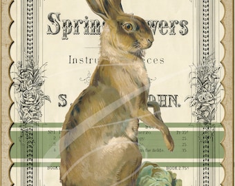 Rótulo de fazenda vintage primitiva jpg potes digitais, bandejas em camadas, placas, impressões, coelho de Páscoa vitoriano, flores de propaganda de coelho