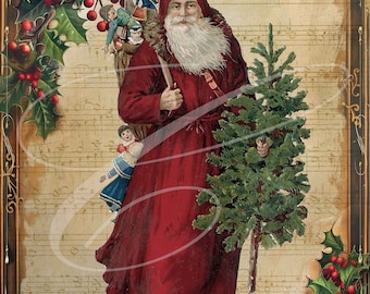 Könnte beinhalten: Eine Vintage-Illustration von Weihnachtsmann, der einen Weihnachtsbaum und einen Sack mit Spielzeug trägt. Er trägt eine rote Robe mit weißem Bart und Pelzbesatz. Der Hintergrund ist ein Vintage-Notenblatt.