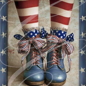 May include: A pair of blue boots with red laces and large bows, paired with red and white striped socks. The bows and sock cuffs feature a blue star pattern. The image has a patriotic theme, with a blue star-studded frame.