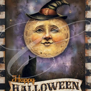 Primitive Vintage Folk Art  Label jpg Digital Jars, Tiered tray, wreath signs, prints, Pillows, Halloween Full Cat Witch Moon Fall Check