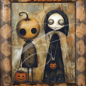 Puede incluir: Una ilustración de Halloween de estilo vintage con un niño con cabeza de calabaza y una niña espeluznante que llevan bolsas de truco o trato. El texto "Trick or Treat" está escrito en letras naranjas en la parte superior e inferior de la imagen.