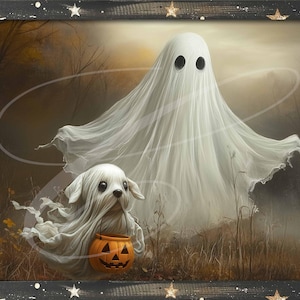 May include: A digital art print featuring a large white ghost with black eyes and a smaller ghost dog holding a jack-o'-lantern. The artwork is set in a field with a dark, rustic frame decorated with gold stars.