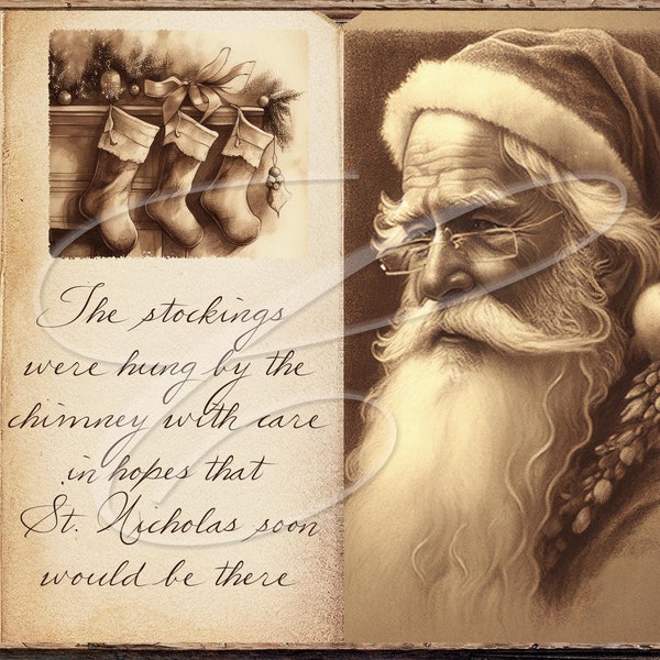 Primitive Vintage Victorian Christmas Label jpg Digital Jars, Tiered trays, signs, prints, Pillows, Christmas Santa Book Sepia watercolor