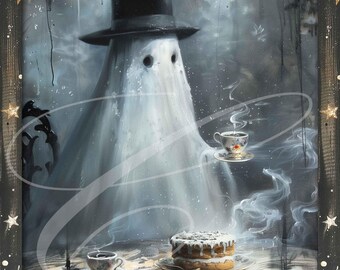 Primitive Vintage Label JPEG Digital Jars, Tiered tray, Wreath sign, print, Whimsical Halloween Ghost W/Top Hat & Tea 8x10