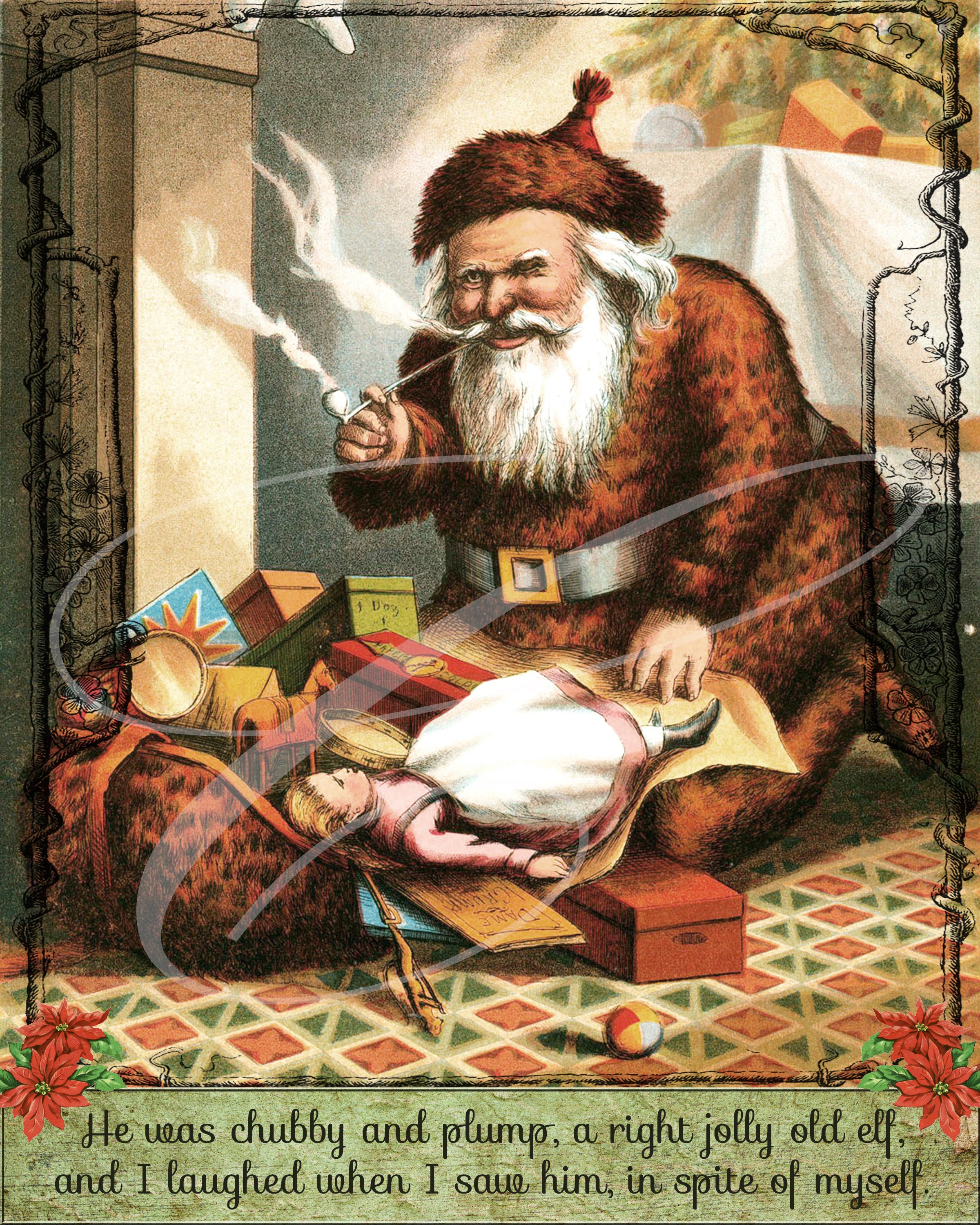 Vintage Primitive Merry Christmas Santa Claus Bag of Toys