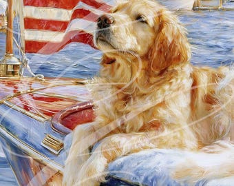 Vintage Nautical Dog Print, Golden Retriever Sailboat American Flag (Digital Download) 8"x10"