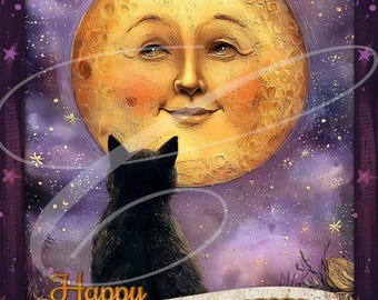 Primitive Vintage Folk Art  Label jpg Digital Jars, Tiered tray, wreath signs, prints, Pillows, Halloween Full Cat Witch Moon Fall Stars