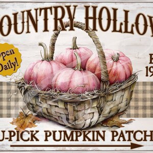 May include: A vintage-style sign with the text "COUNTRY HOLLOW" in brown lettering. The sign also includes the text "U-PICK PUMPKIN PATCH" with an arrow pointing to the right. A basket filled with pink pumpkins is in the center of the sign. The sign has a white background with a brown and white checkered pattern at the bottom.