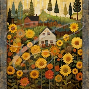 May include: A painting of a field of sunflowers in front of two houses. The houses are painted in shades of white and red. The text "Nature's first green is gold" is at the top of the painting and the text "Her hardest hue to hold" is at the bottom.