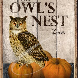 Puede incluir: Un letrero de madera rústico con el texto "The Owl's Nest Inn" en letras negras. Un búho con ojos naranjas está posado sobre tres calabazas naranjas.