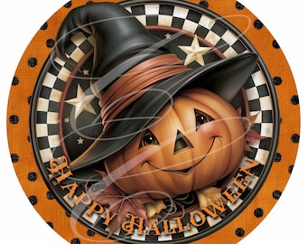 Primitive Retro Halloween Pumpkin Jack-O-Lantern PNG, Vintage Style Digital Label (12" Round) TWO Versions!