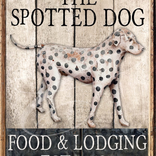 Primitive Vintage Country Label Farm Digital jpeg Jars, Tiered trays, signs, print, Pillow Spotted Dog Tavern antique wood Lodging Dalmatian