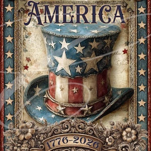 May include: A patriotic image featuring an Uncle Sam hat with red, white, and blue stripes and stars. The word "AMERICA" is displayed above the hat. The image is framed with a decorative border and includes the dates "1776-2026".