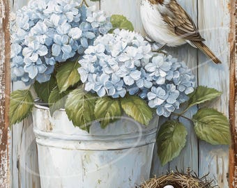 Primitive Vintage Country Farm Digital jpg Jars, Tiered trays, signs, prints, Pillows Watercolor hydrangea Flower bucket nest Sparrow Bird