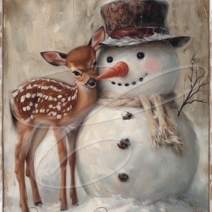 Primitives Vintage Viktorianisches Weihnachtsetikett jpeg Digitale Gläser, abgestufte Tabletts, Schild, Drucke, Kissen, Schneemann Rehkitz Wintergemälde 2 Versionen!