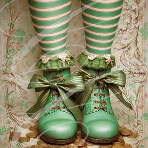 May include: Green boots with large striped bows and gold detailing, set on a pile of gold coins. The boots have brown laces and are worn with green and white striped stockings. The image has a whimsical, fairytale theme.