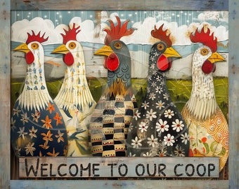 Primitive Vintage Country Digital jpg, Tiered trays, signs, prints, Folk Art, Naive Whimsical Art Chickens, Farm Welcome Coop 2 Versions!