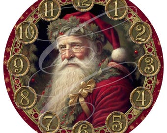 Primitive Victorian Santa Christmas Label, Round Holly Filigree Clock Face PNG (Digital Download)