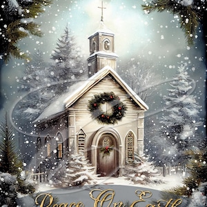 Etichetta natalizia vittoriana vintage primitiva jpg Barattoli digitali, vassoio a più livelli, cartello, stampe, cuscini, cappella della chiesa, vigilia di Natale, pace sulla terra