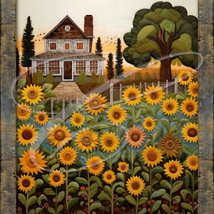 May include: A framed illustration of a house with a field of sunflowers in front of it. The text "Nature's first green is gold" is at the top of the image and the text "Her hardest hue to hold" is at the bottom of the image.