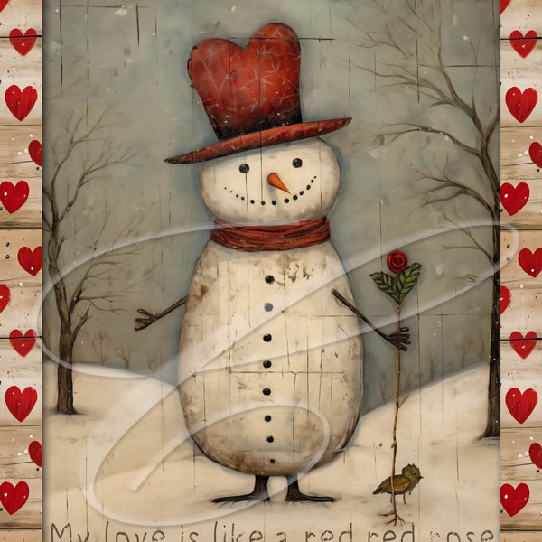 Primitive Vintage Country Label French Digital Jars, Tiered trays, signs, prints, Pillows Valentine, Snowman Rose Hearts Love Folk Art Naive