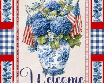 Blue Hydrangeas with Flag, Patriotic Farmhouse Print (Digital JPEG) 8"x10"