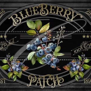 Könnte beinhalten: Ein Schild im Vintage-Stil, das für einen Blaubeer-Garten wirbt. Das Schild ist schwarz mit goldenen Buchstaben und zeigt eine Darstellung von Blaubeeren an einem Zweig. Der Text auf dem Schild lautet "Blueberry Patch", "Fresh Picked", "100% Organic", "Est. 1898" und "25c".