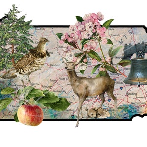 Etiqueta PNG digital de granja vintage primitiva, frascos, almohadas, letreros, impresiones, sublimación, mapa antiguo de Pensilvania, manzana, ciervo, laurel de montaña