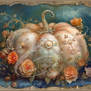 May include: A large, white pumpkin with gold and pearl embellishments, surrounded by delicate, orange roses and vines. The pumpkin is set against a blue and green background with clouds.