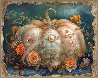 May include: A large, white pumpkin with gold and pearl embellishments, surrounded by delicate, orange roses and vines. The pumpkin is set against a blue and green background with clouds.