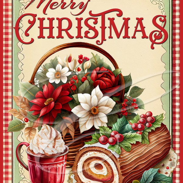 Étiquette de logo de Noël victorien vintage primitif jpeg Bocaux numériques, plateaux à plusieurs niveaux, signes, impressions, oreillers, cacao chaud, gâteau de bûche de Noël, plaid