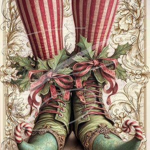 Primitive Vintage Victorian Christmas Label jpg Digital Jars, Tiered trays, signs, prints, Pillows, Cute Elf Legs Shoes Boots Retro Stripes