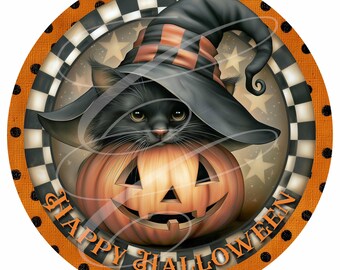 Primitive Retro Halloween Pumpkin Jack-O-Lantern Black Kitten PNG, Vintage Style Digital Label (12" Round) TWO Versions!