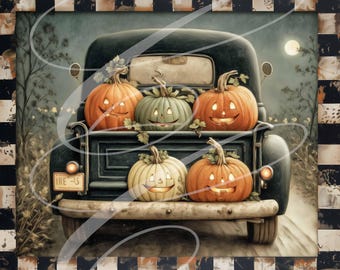 Primitive Retro Halloween Pumpkin Jack-O-Lantern and Truck. 10"x8"