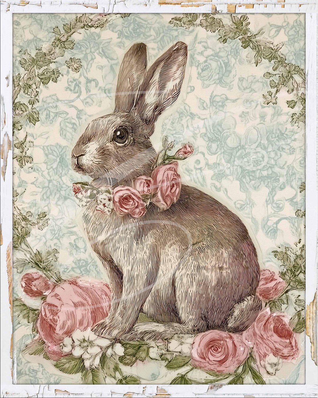 Vintage Style Pen & Ink Engraving Rabbit Toile Print, French Country ...