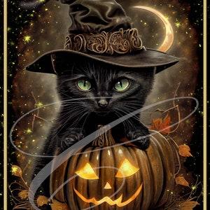 Etiquetas vintage primitivas jpeg, tarros digitales, bandejas escalonadas, letreros, impresiones, almohadas, Halloween, gato negro, sombrero de bruja, calabaza mágica, oro negro