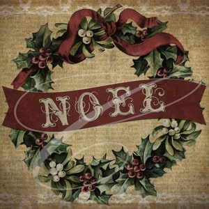Primitive Vintage Noel wreath Christmas  Label jpeg Digital jpeg Jars, Tiered trays, signs, prints, Pillows, Noel, Holly