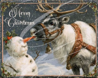 Vintage Style Christmas Label jpeg Digital Jars, Tiered tray, sign, print, Pillow, Reindeer And Snowman 2 Versions!