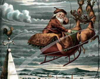 Könnte beinhalten: Vintage Illustration von Santa Claus in einem roten Schlitten, gezogen von acht Rentieren, durch einen bewölkten Himmel fliegend. Santa trägt einen braunen Mantel und Hut. Der Text unten lautet: "When what to my wondering eyes did appear, but a miniature sleigh and eight tiny reindeer."